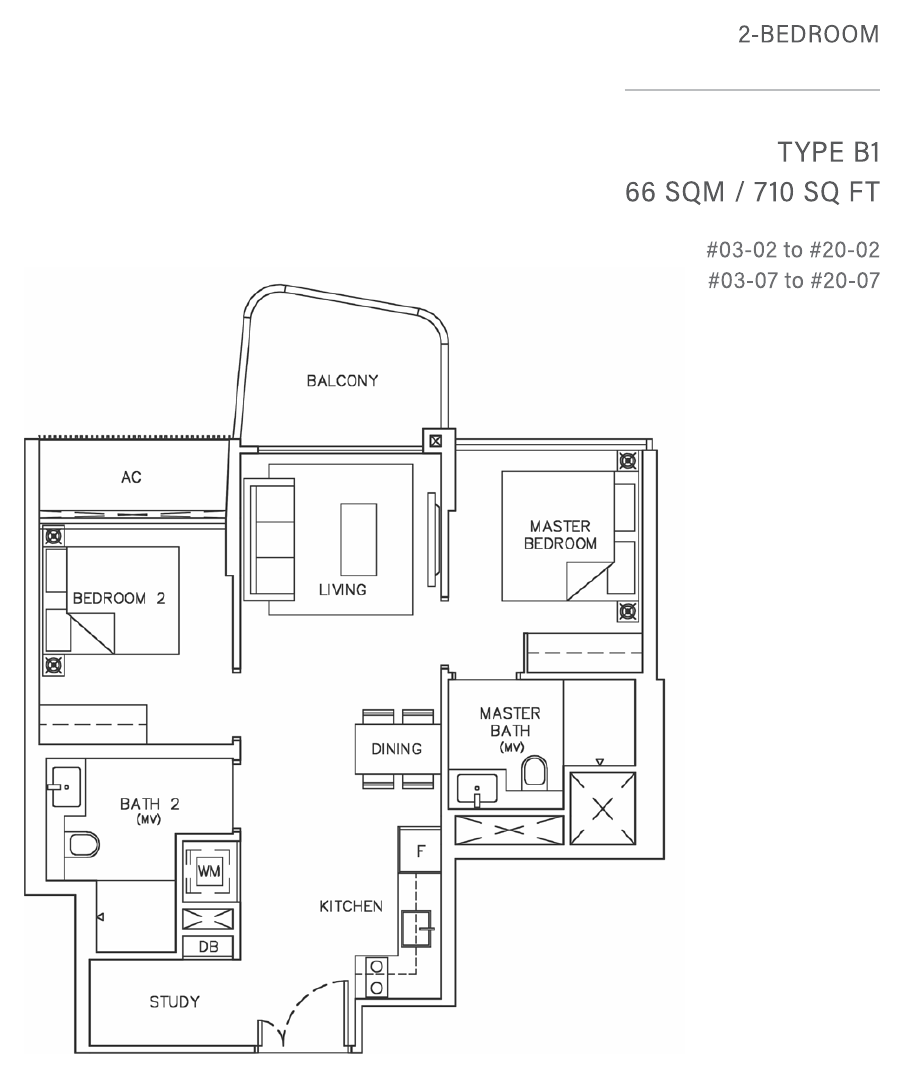 Type B1 · 2-Bedroom + Study · 710 sqft