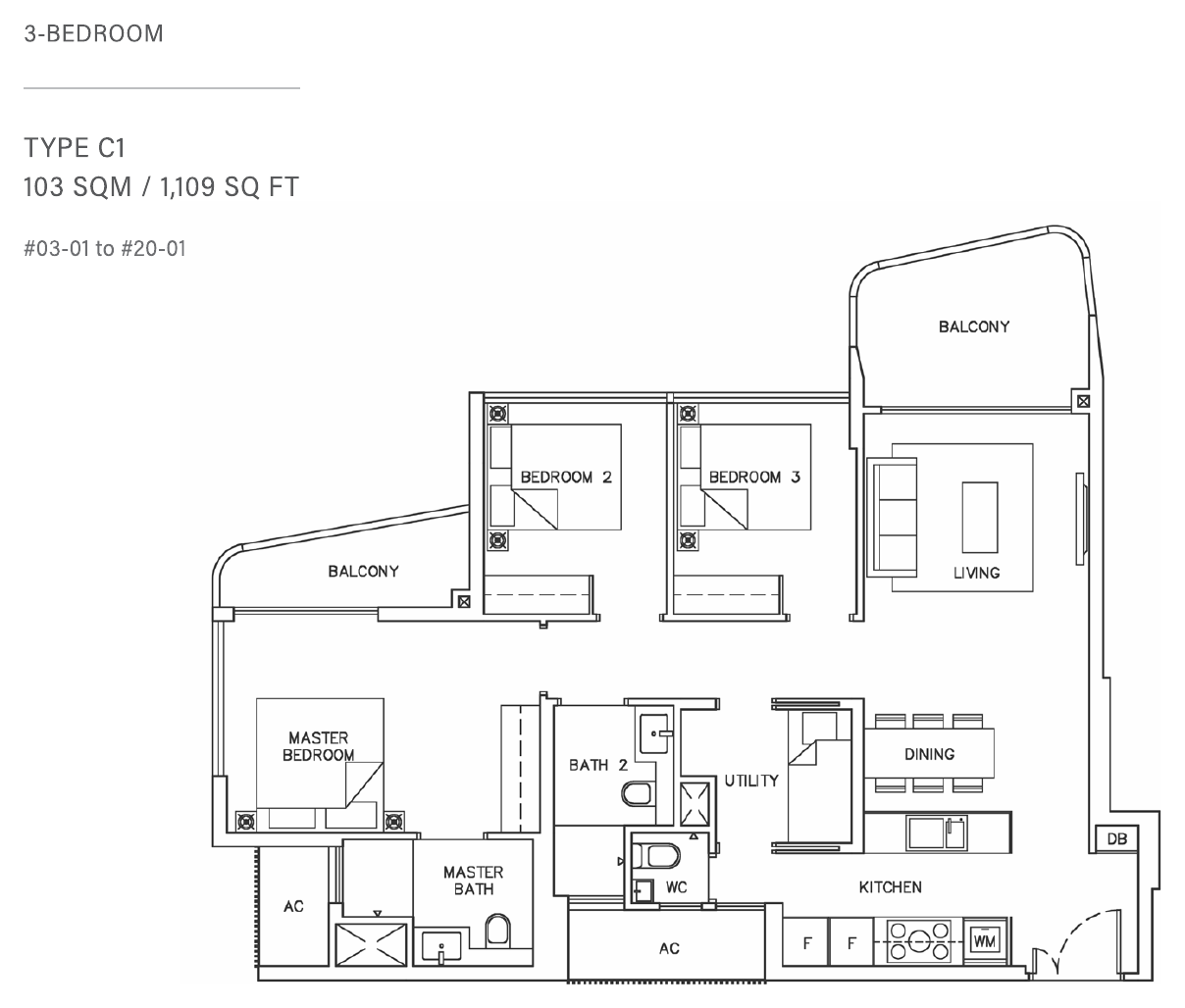 Type C1 · 3-Bedroom + Utility · 1,109 sqft