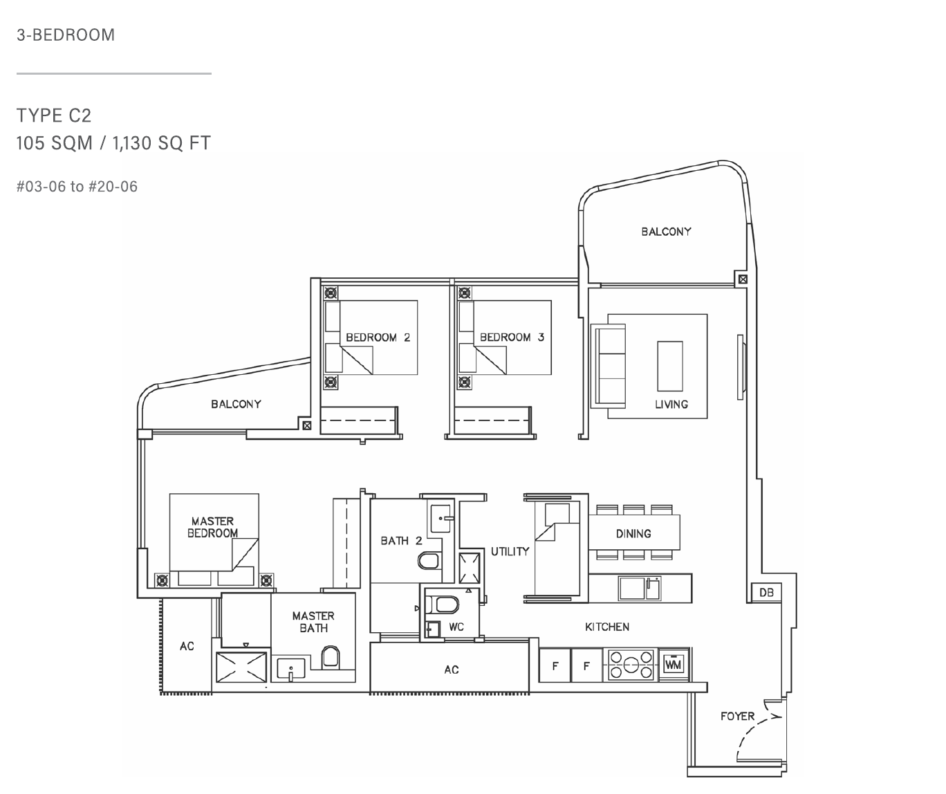 Type C2 · 3-Bedroom + Utility · 1,130 sqft