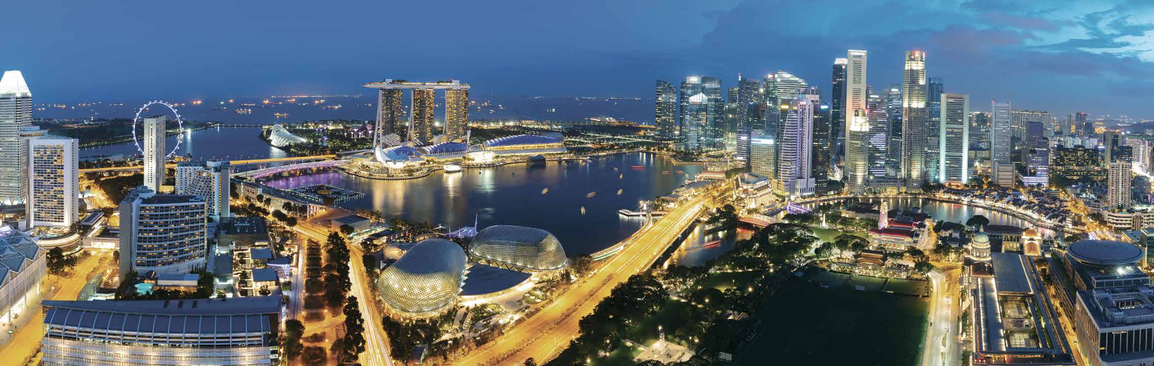 The city skyline at dusk